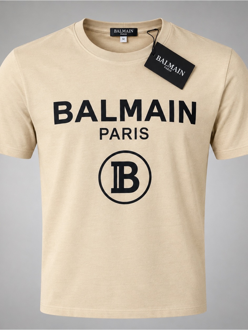 Balmain Paris Men's Beige T-Shirt with Black Logo